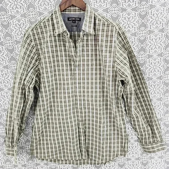 Michael Kors Plaid button down men's dress shirt L green - Picture 1 of 6